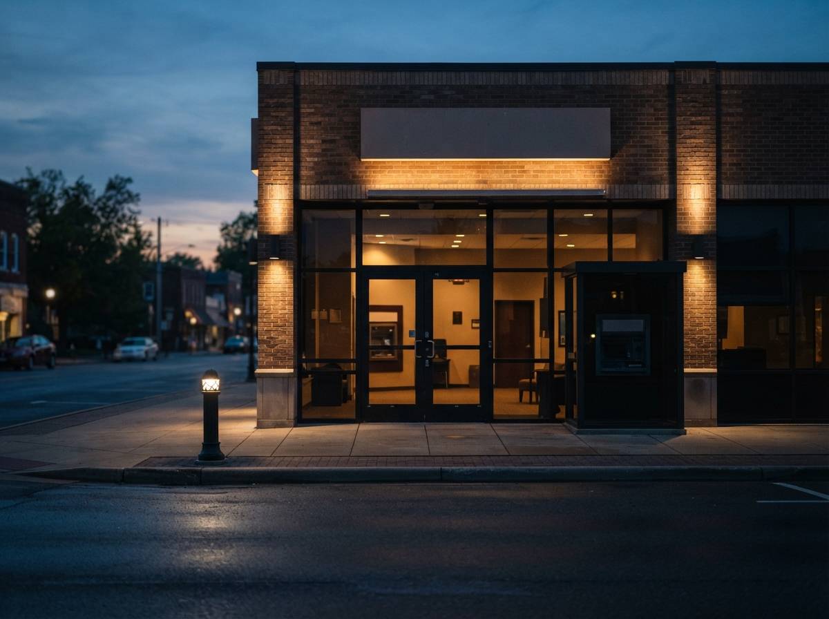 A bank branch storefront stands quiet at dusk with its sign illuminated.