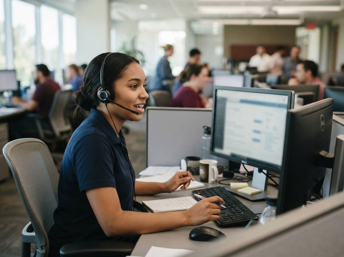 A bank customer service representative wearing a headset answers a call at a desk.