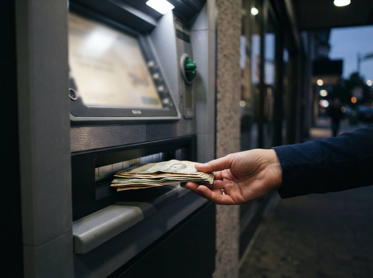 A bank customer speaking with a teller at a branch counter window.