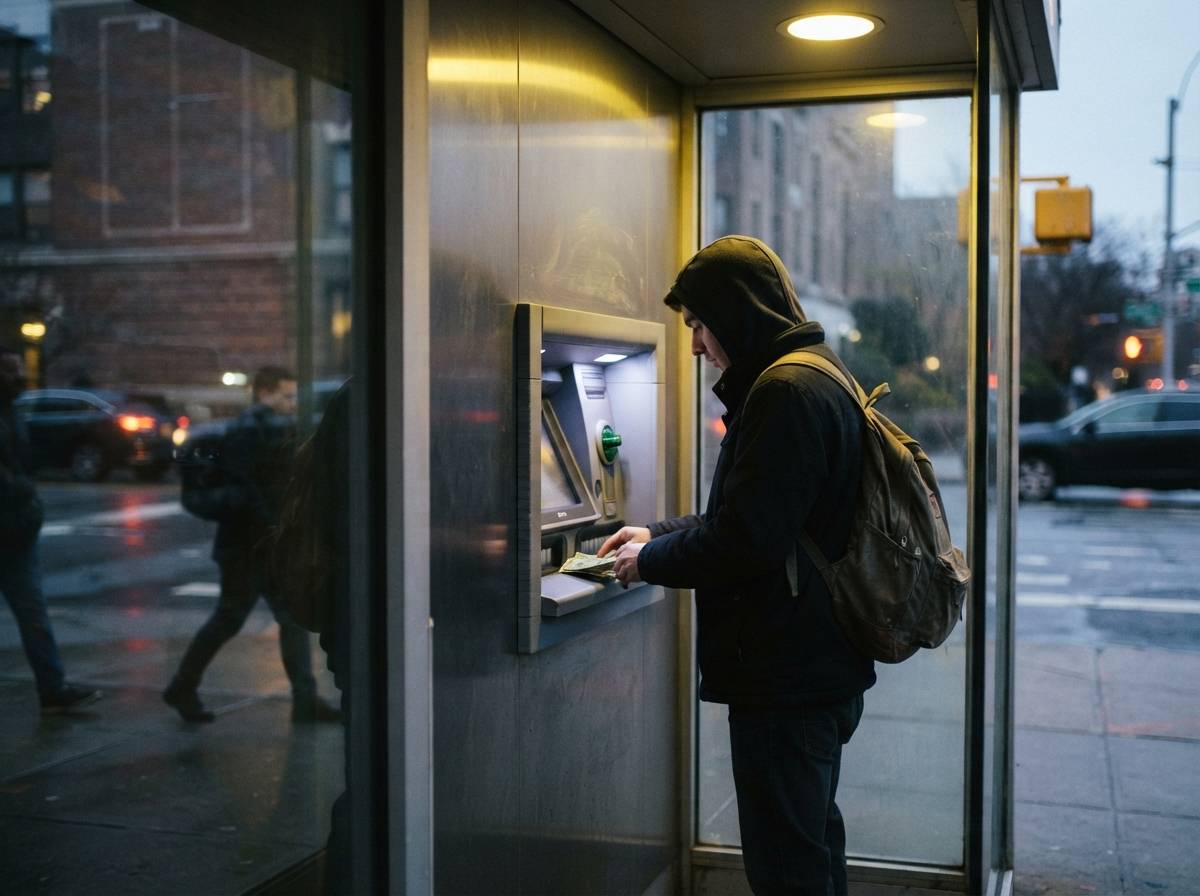 A bank customer withdraws cash from an ATM at night.