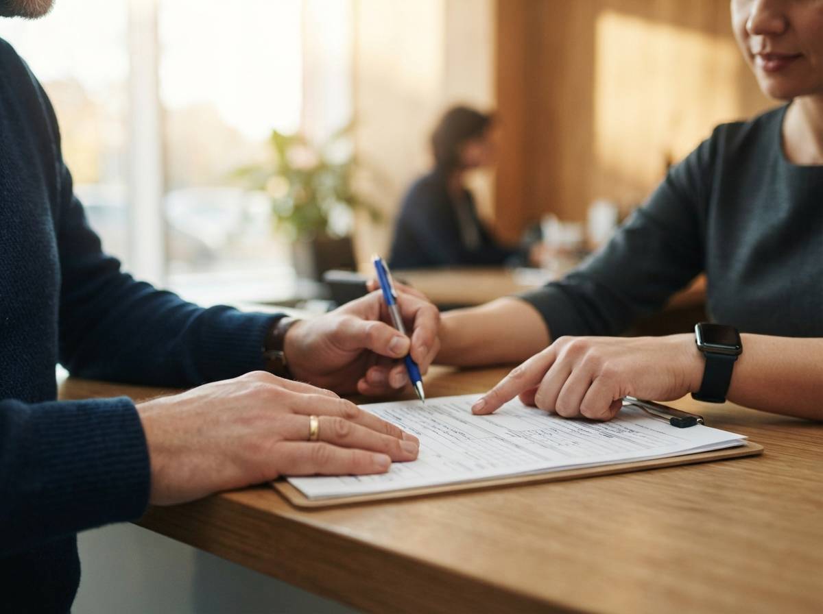A bank employee helps a customer complete paperwork to open a new savings account.