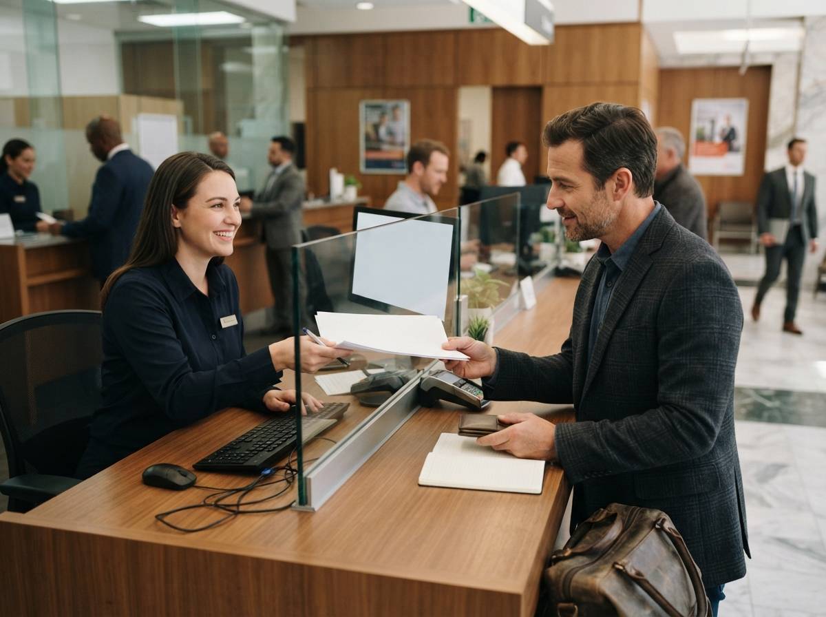 A bank teller assists a customer at the counter inside a branch lobby.