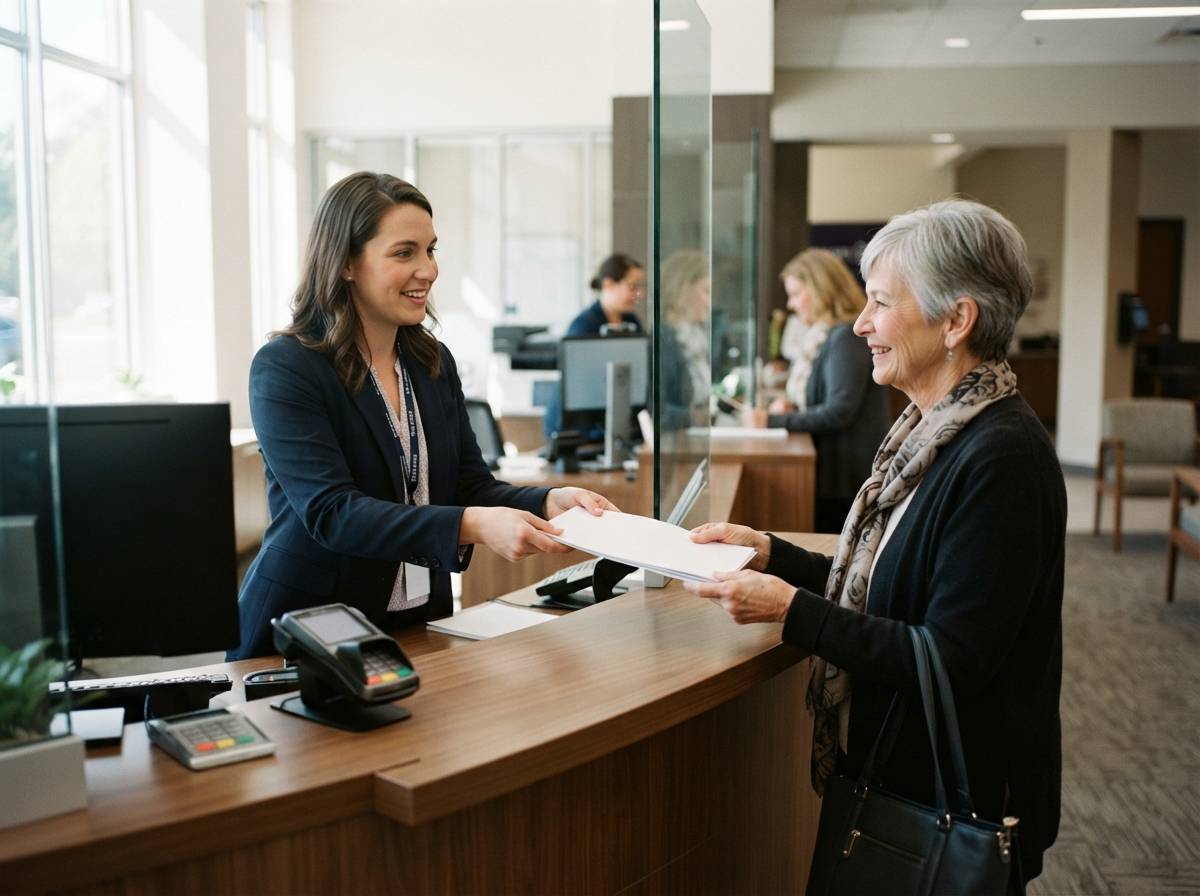 A bank teller assists a customer at the counter inside a Truist branch.