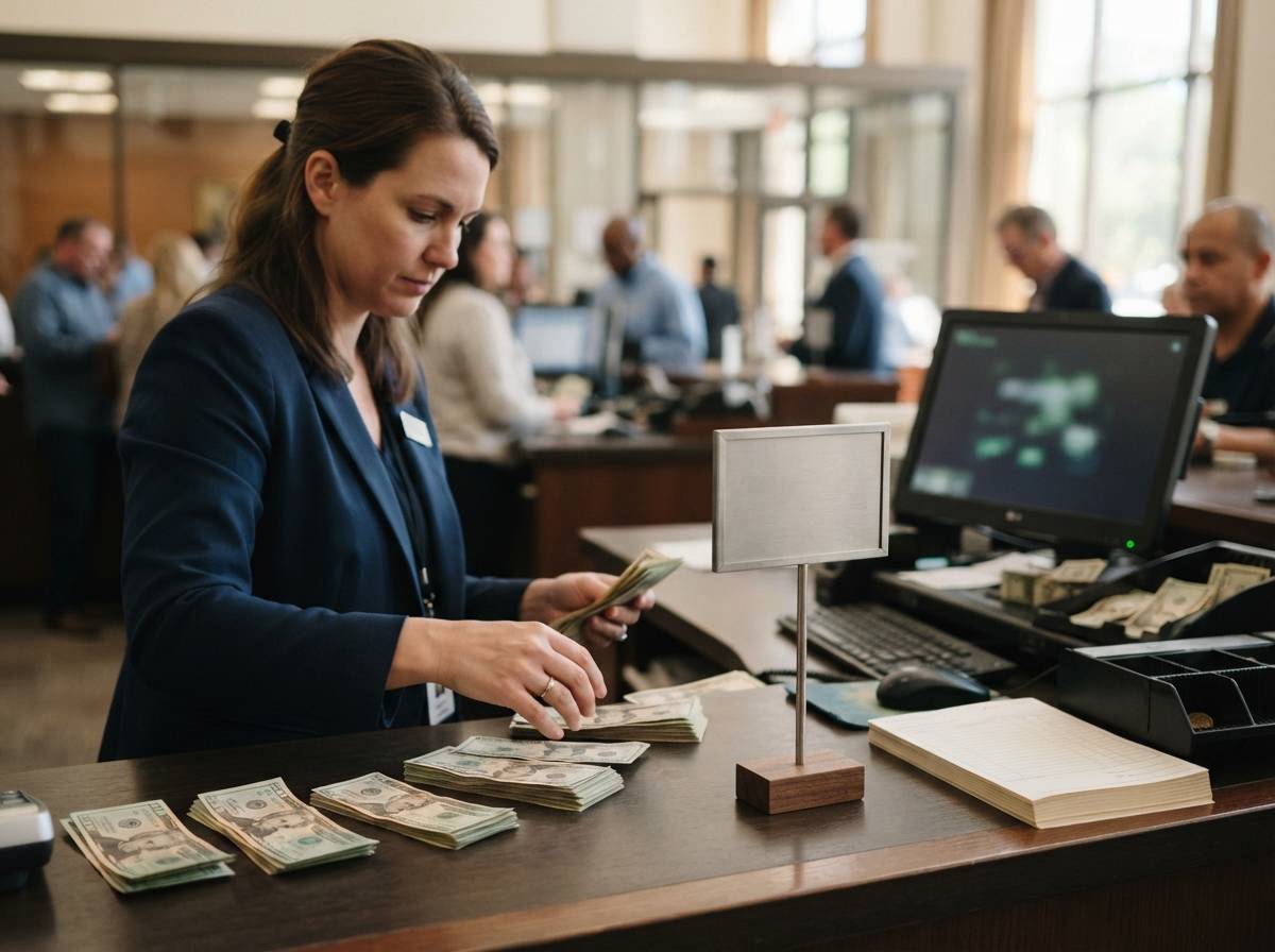 A bank teller counter inside a branch with an employee processing paperwork.