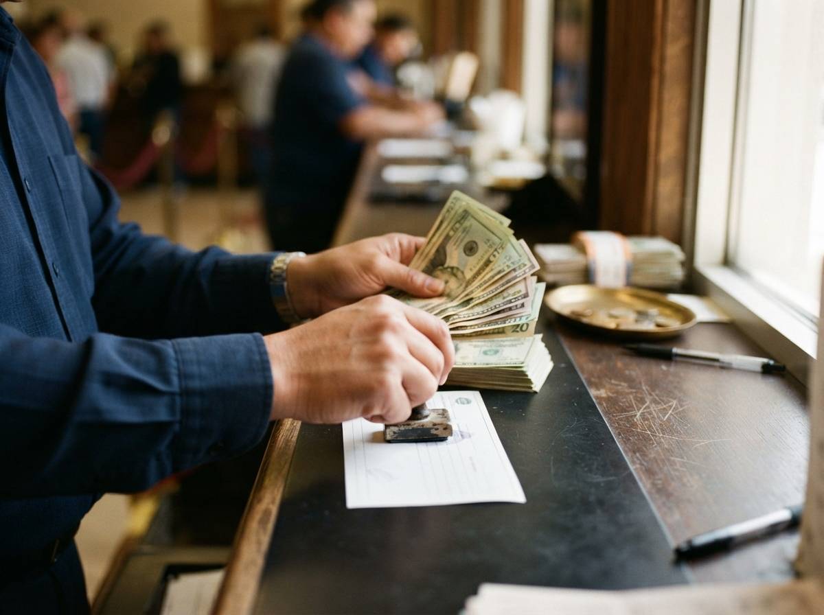 A bank teller counts cash and processes a deposit at the teller counter.