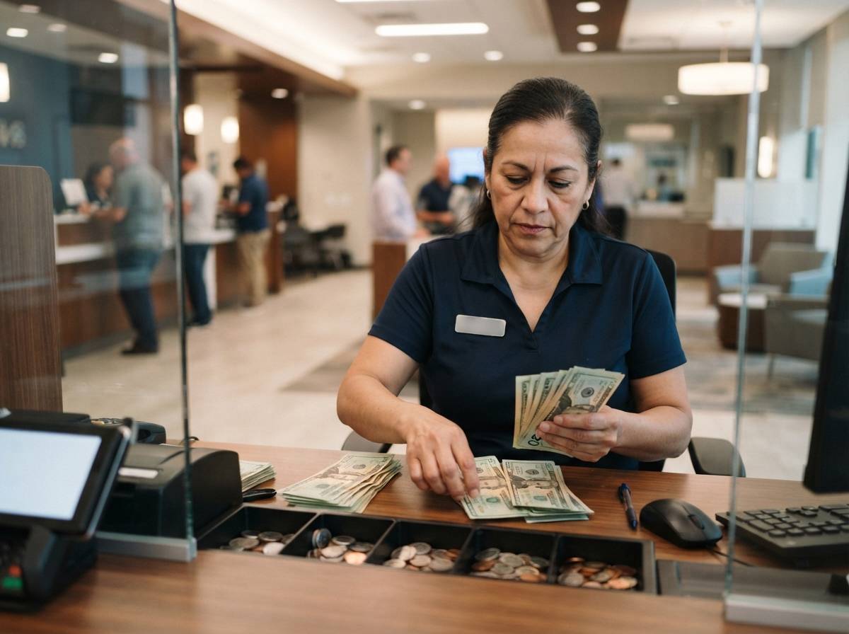 A bank teller counts cash at a teller window inside a credit union branch.