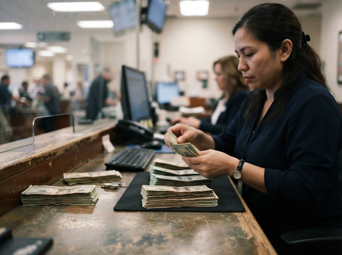 A bank teller counts cash behind the counter at a bank branch.