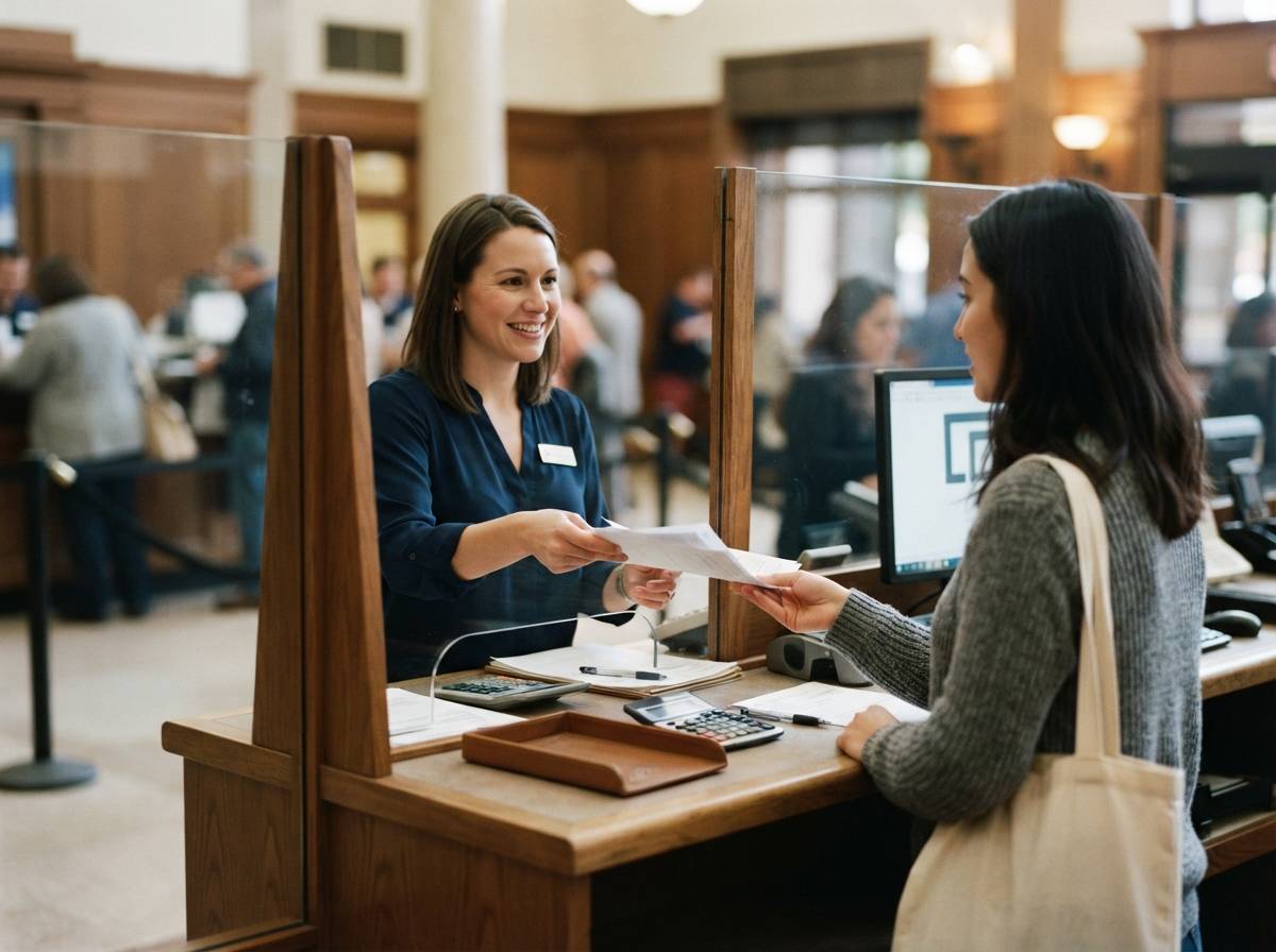 A bank teller hands paperwork to a customer across a counter inside a branch.