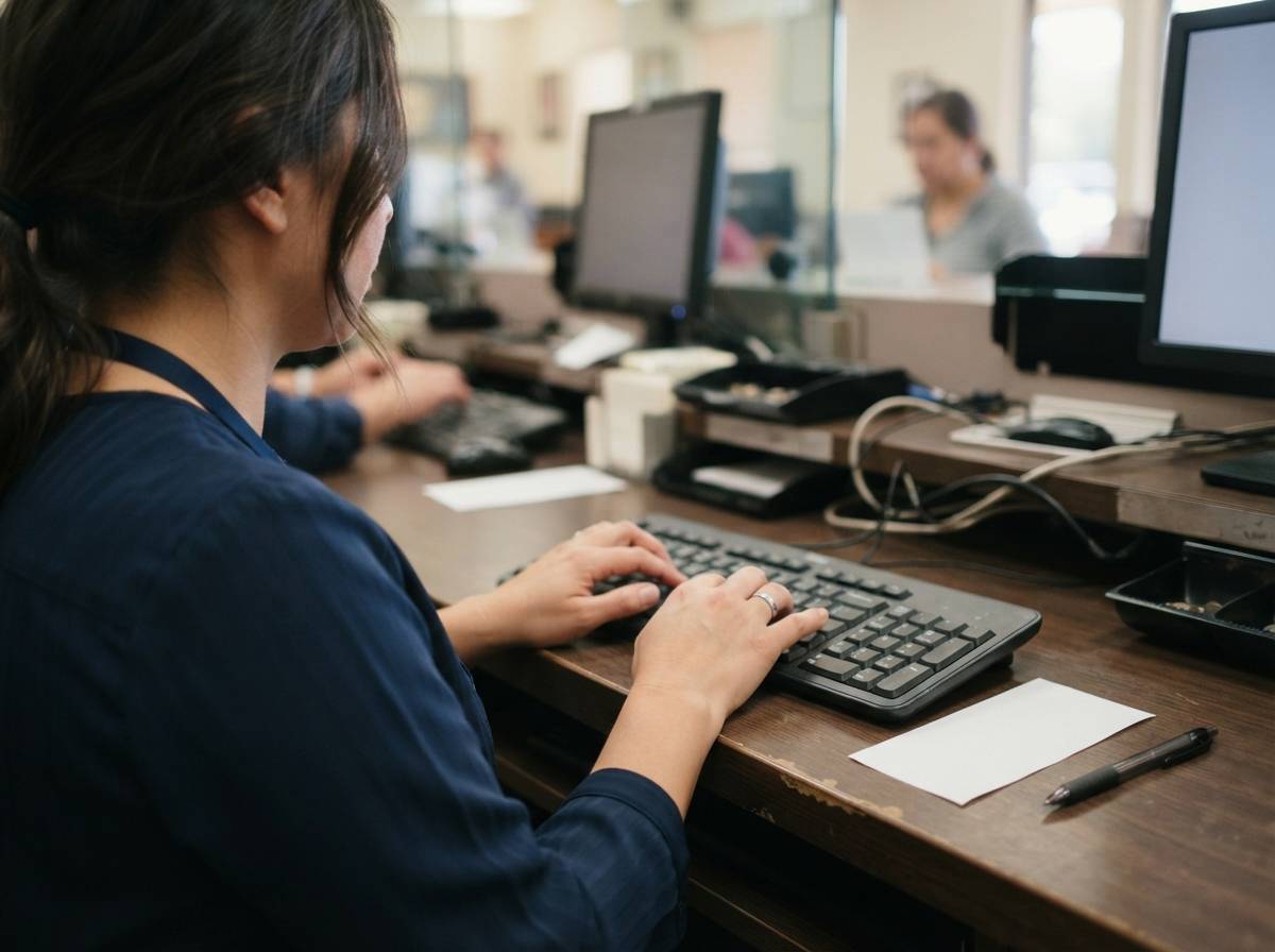 A bank teller's hands type at a counter with a deposit slip and pen nearby.