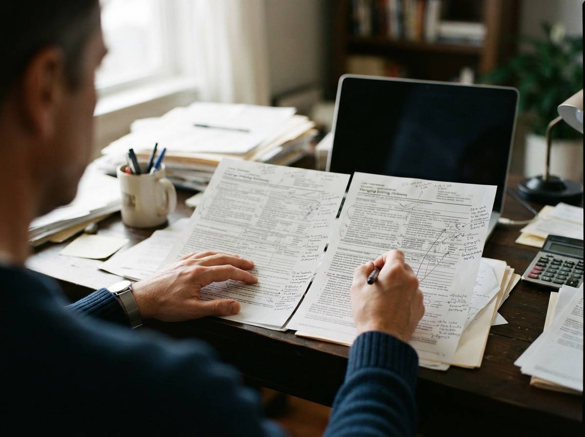 A borrower compares two printed mortgage disclosure documents side by side at a desk.