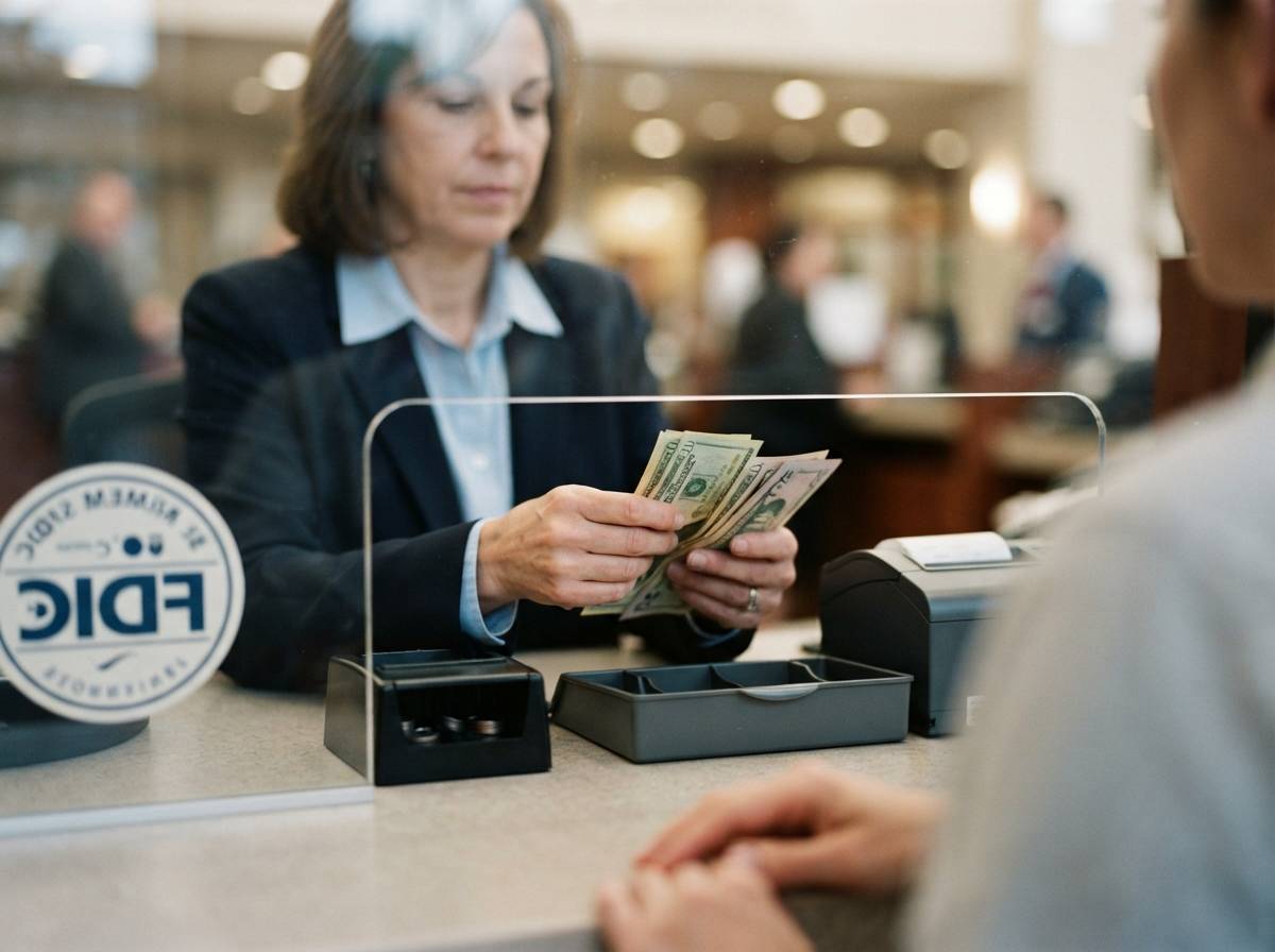 A close up of a bank teller counting cash near a window displaying an FDIC member decal.