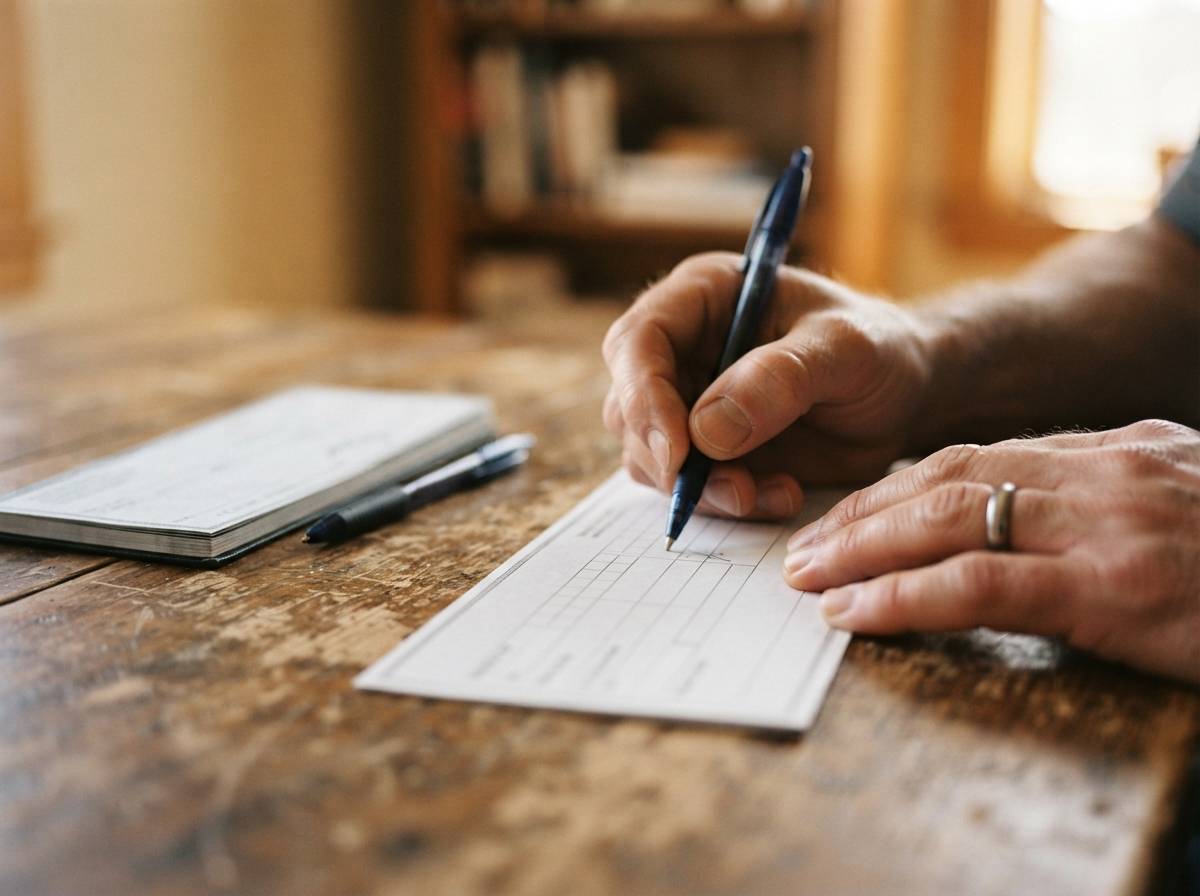 A close up of a hand signing a bank deposit form on a desk.