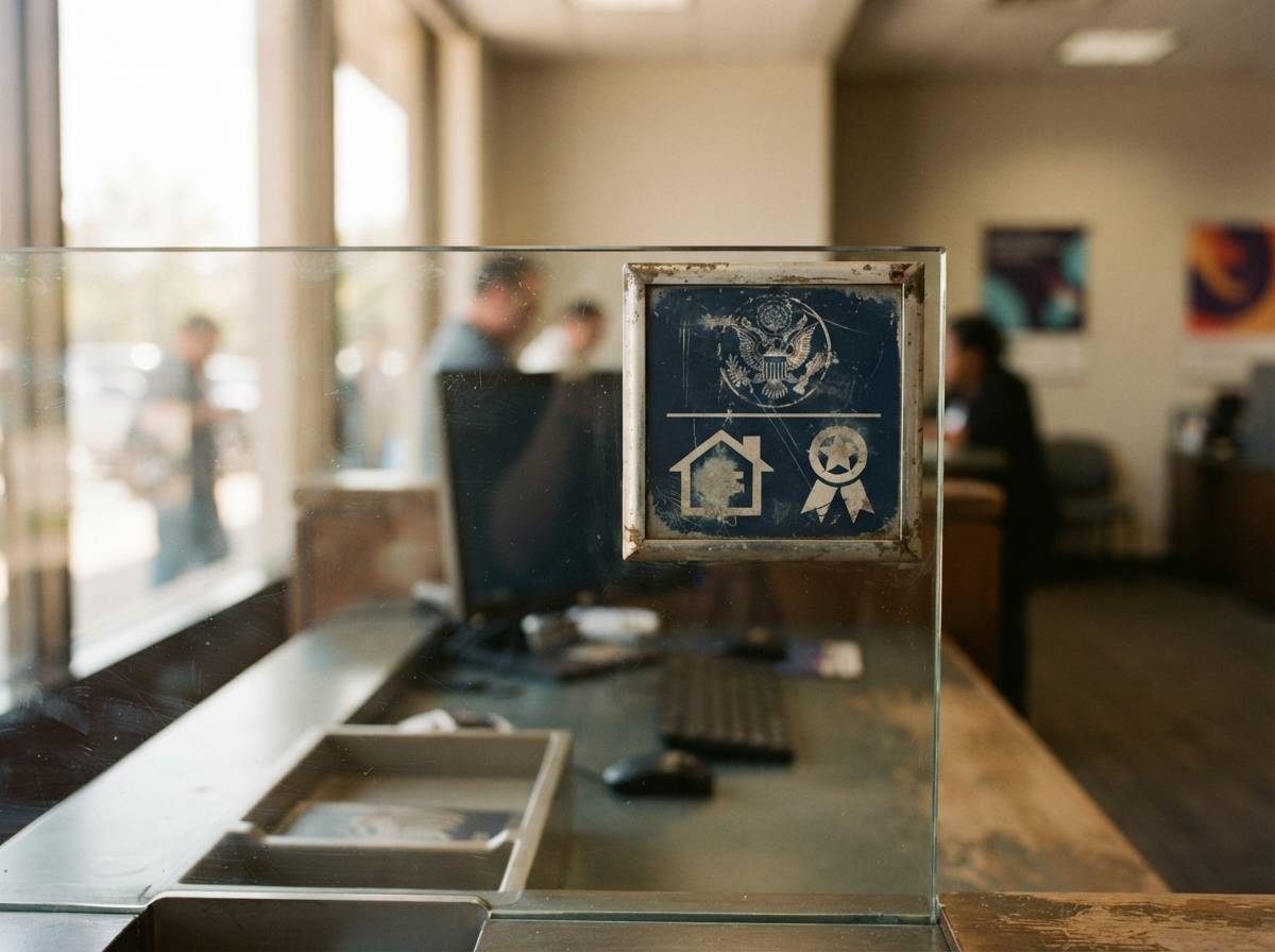 A close up of an FDIC insured signage placard mounted at a bank teller station.