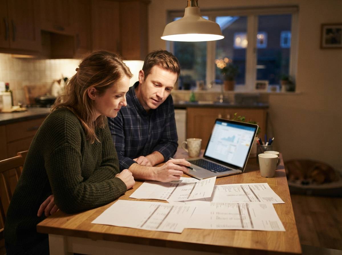 A couple reviews bank statements and account details together at their kitchen table.