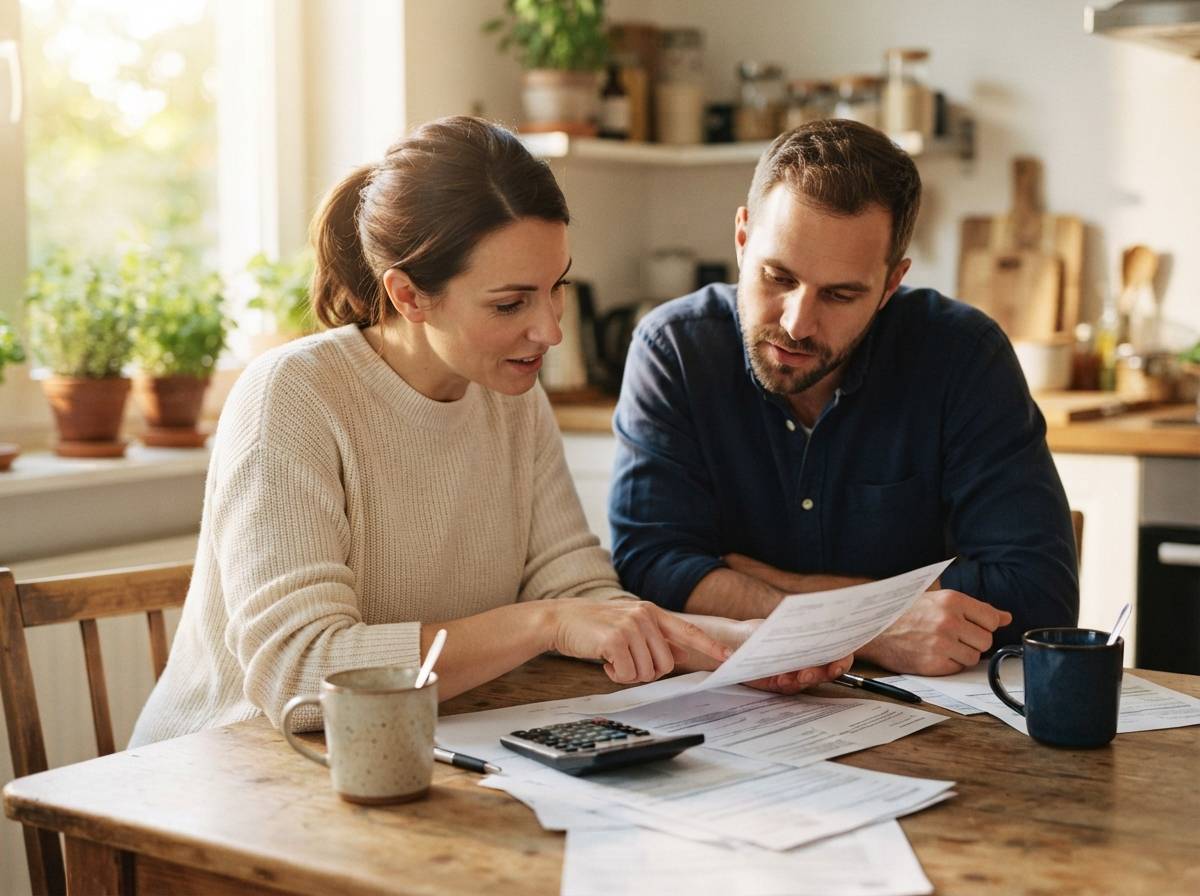A couple reviews mortgage payment documents and a calculator at their kitchen table.