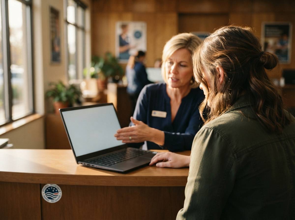 A credit union staff member and customer review account details at a counter with an NCUA insured sticker visible nearby.