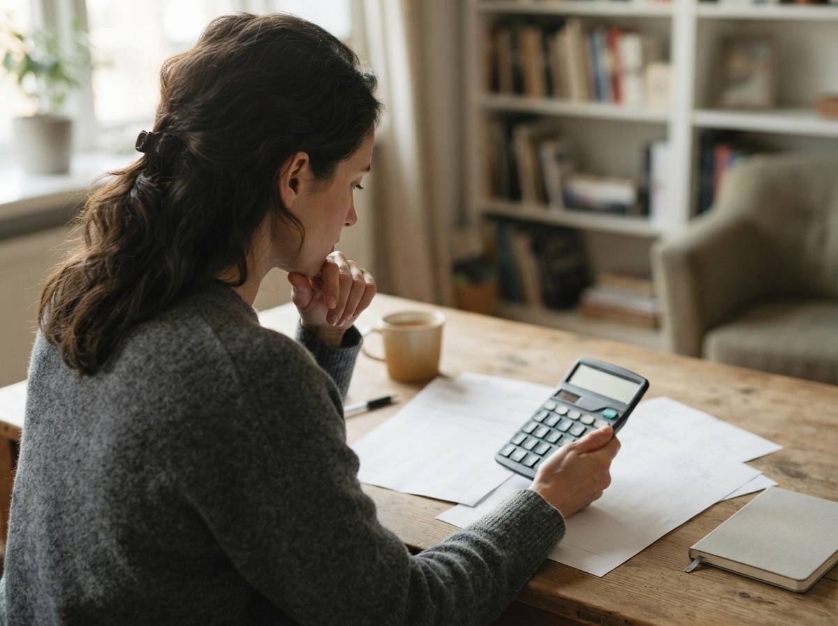 A customer compares savings choices with papers and a calculator at a home desk.