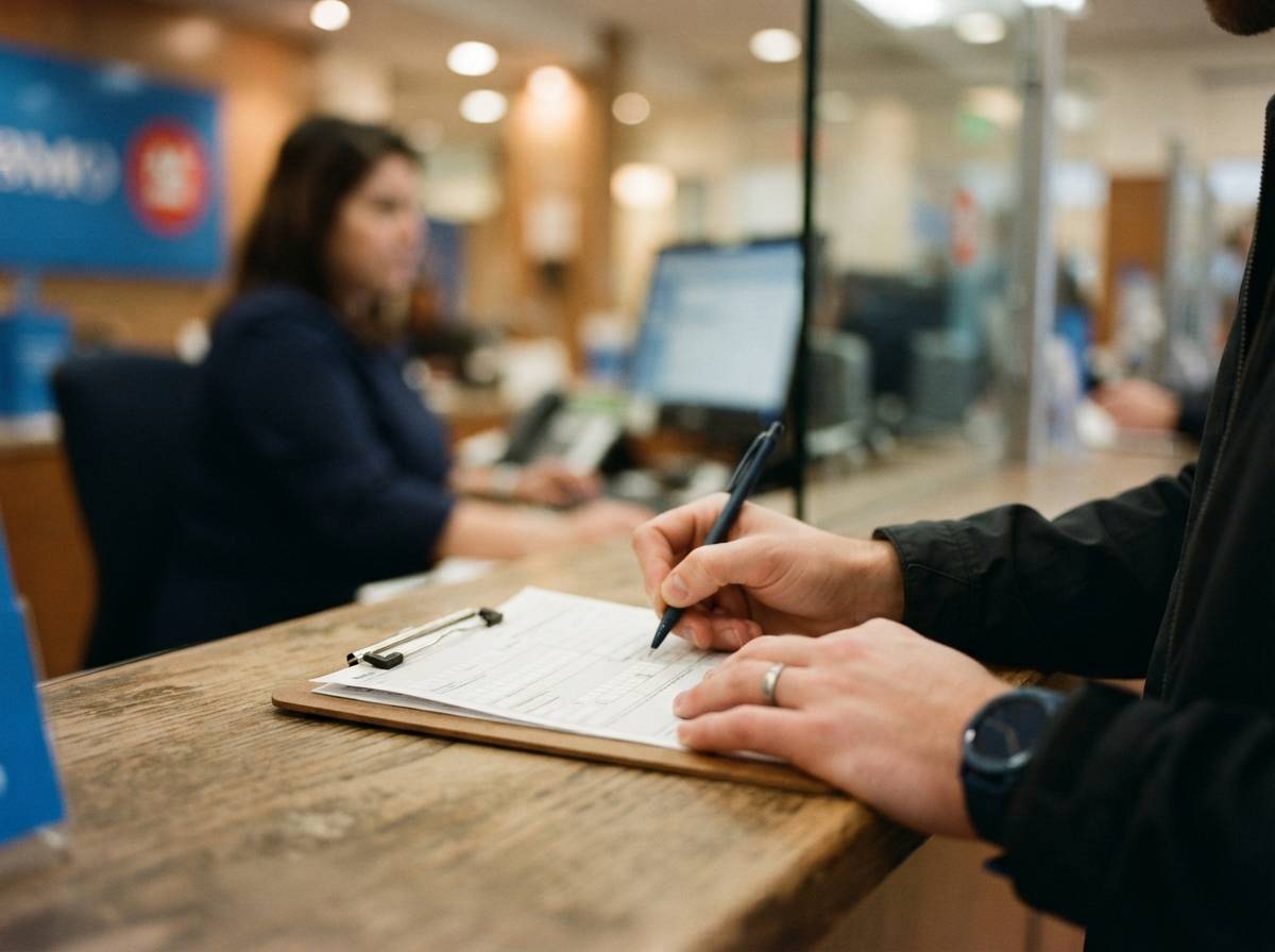 A customer filling out a deposit form at a bank counter.