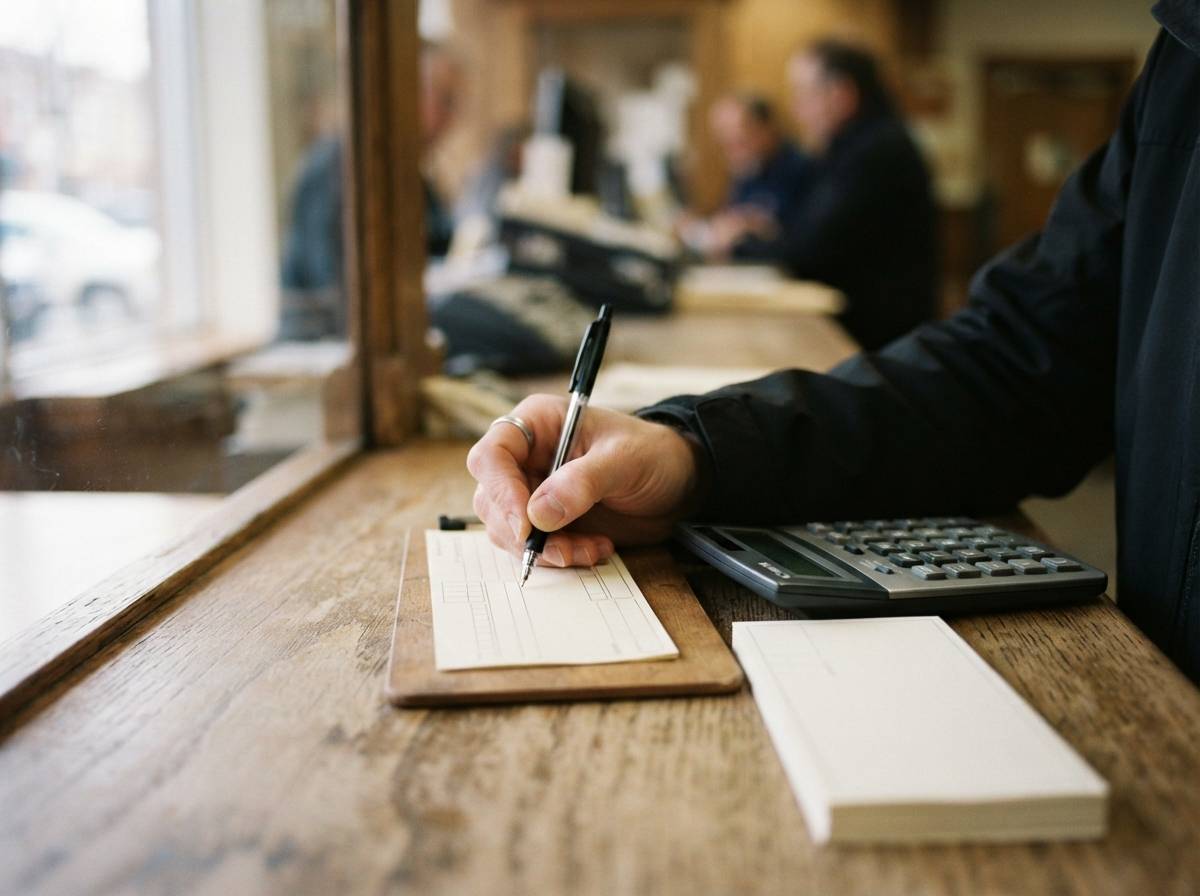 A customer fills out a deposit slip on a bank counter beside a calculator.