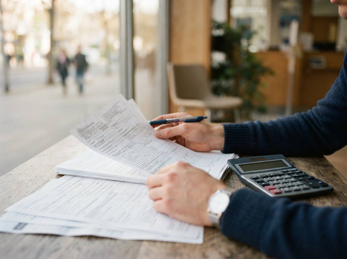 A customer reviews bank account paperwork and uses a calculator at a desk.