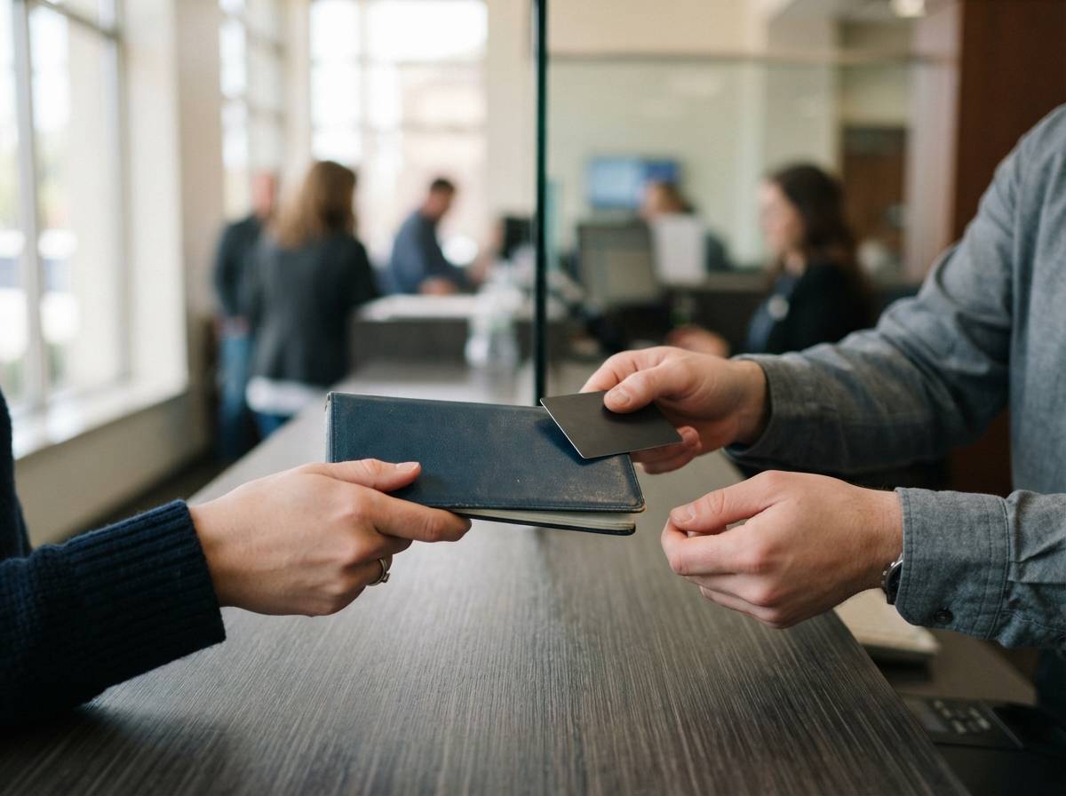 A customer's hands exchange a checkbook and debit card with a bank teller at the counter.