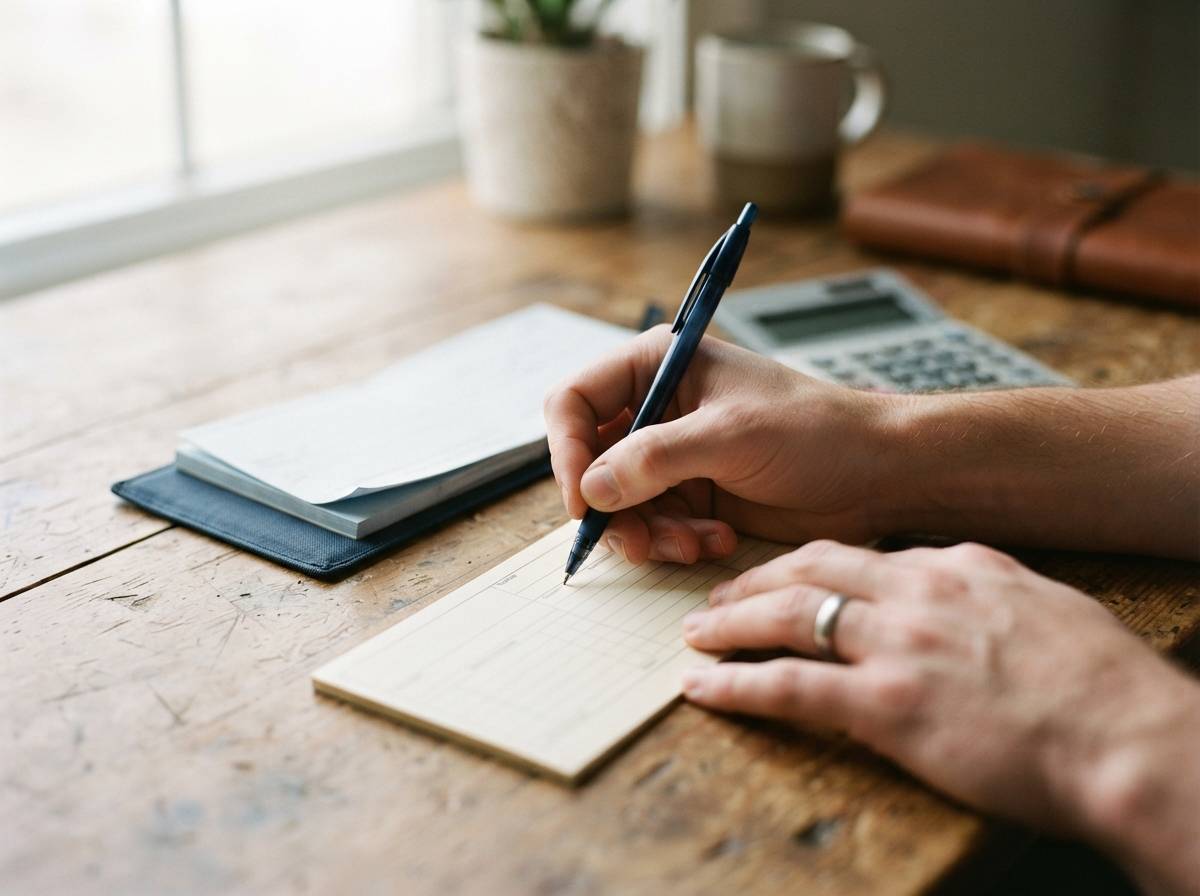 A hand fills out a bank deposit slip on a desk beside a checkbook and calculator.