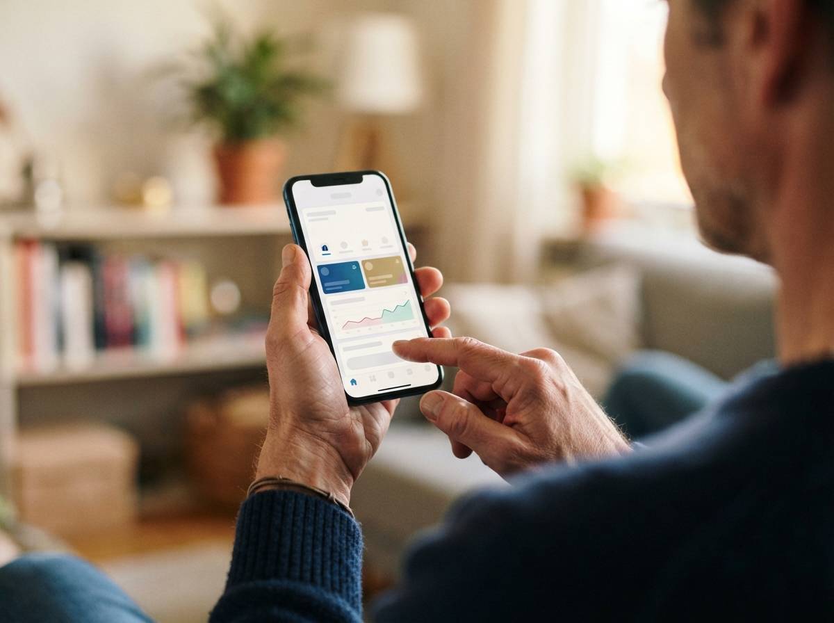 A hand uses a mobile banking app on a smartphone.