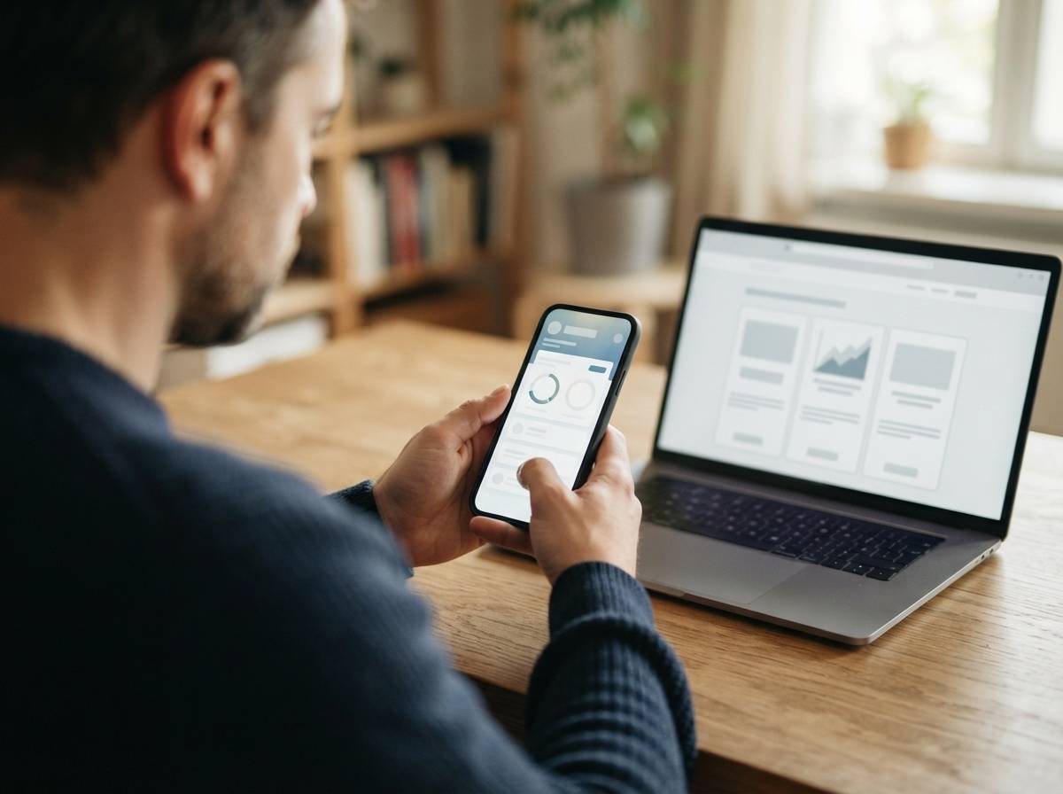 A man checks a savings account balance on his phone next to a laptop showing bank comparisons.