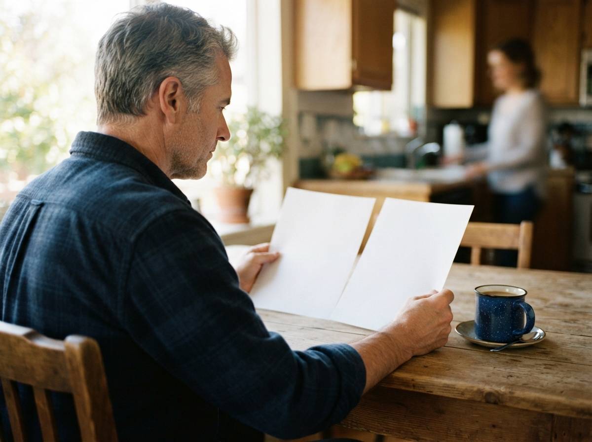 A man compares two printed CD rate sheets at his kitchen table in the morning light.