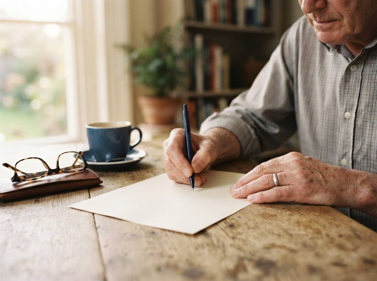 A man signs a retirement annuity contract at his home desk.