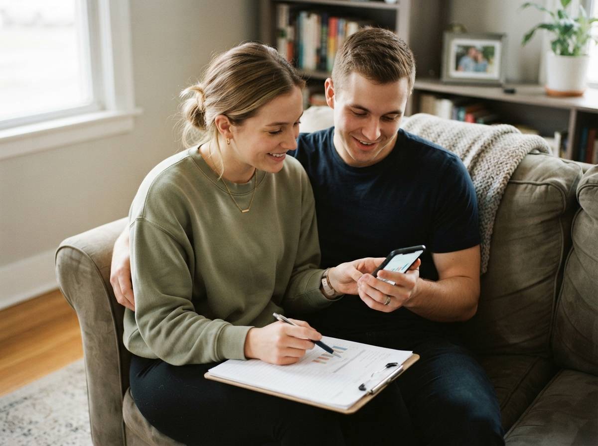 A military family reviews their savings and banking options together at home.