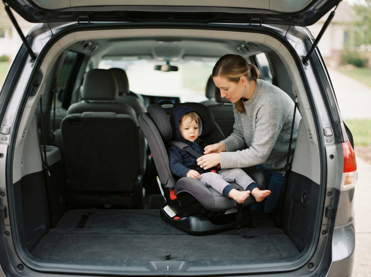 A parent buckles a child into the third row seat of a minivan through the open trunk.