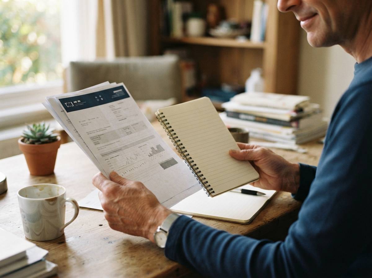 A person compares papers and notes at a home desk.