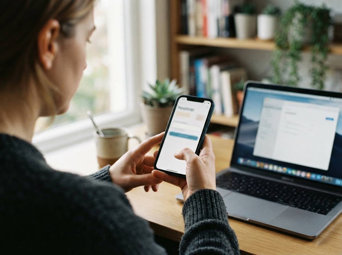 A person holds a smartphone displaying a bank transfer screen while sitting near a laptop at home.