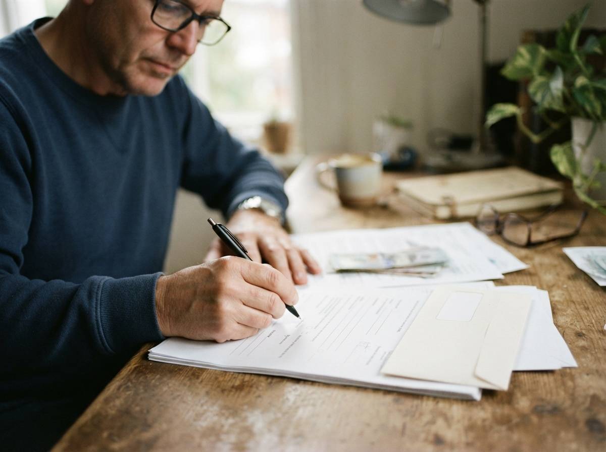 A person prepares paperwork before funding a certificate of deposit at home.