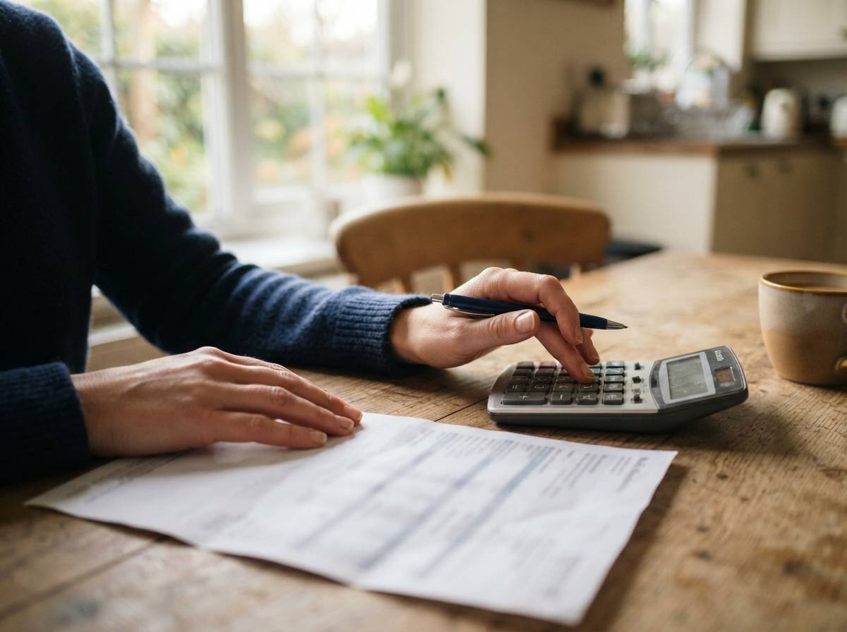 A person reviewing a printed bank statement with a calculator at a kitchen table in soft morning light.