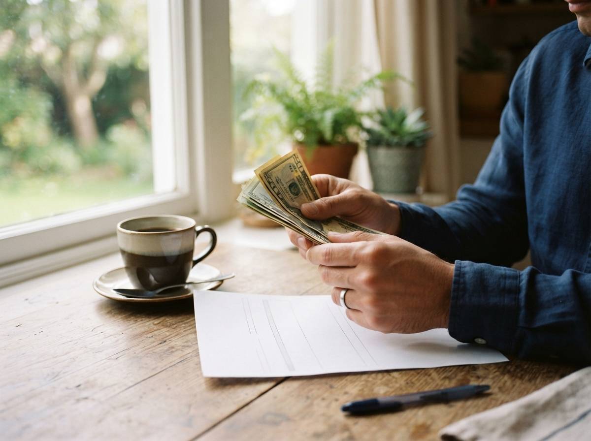 A person reviews a printed bank statement and counts cash at a kitchen table.