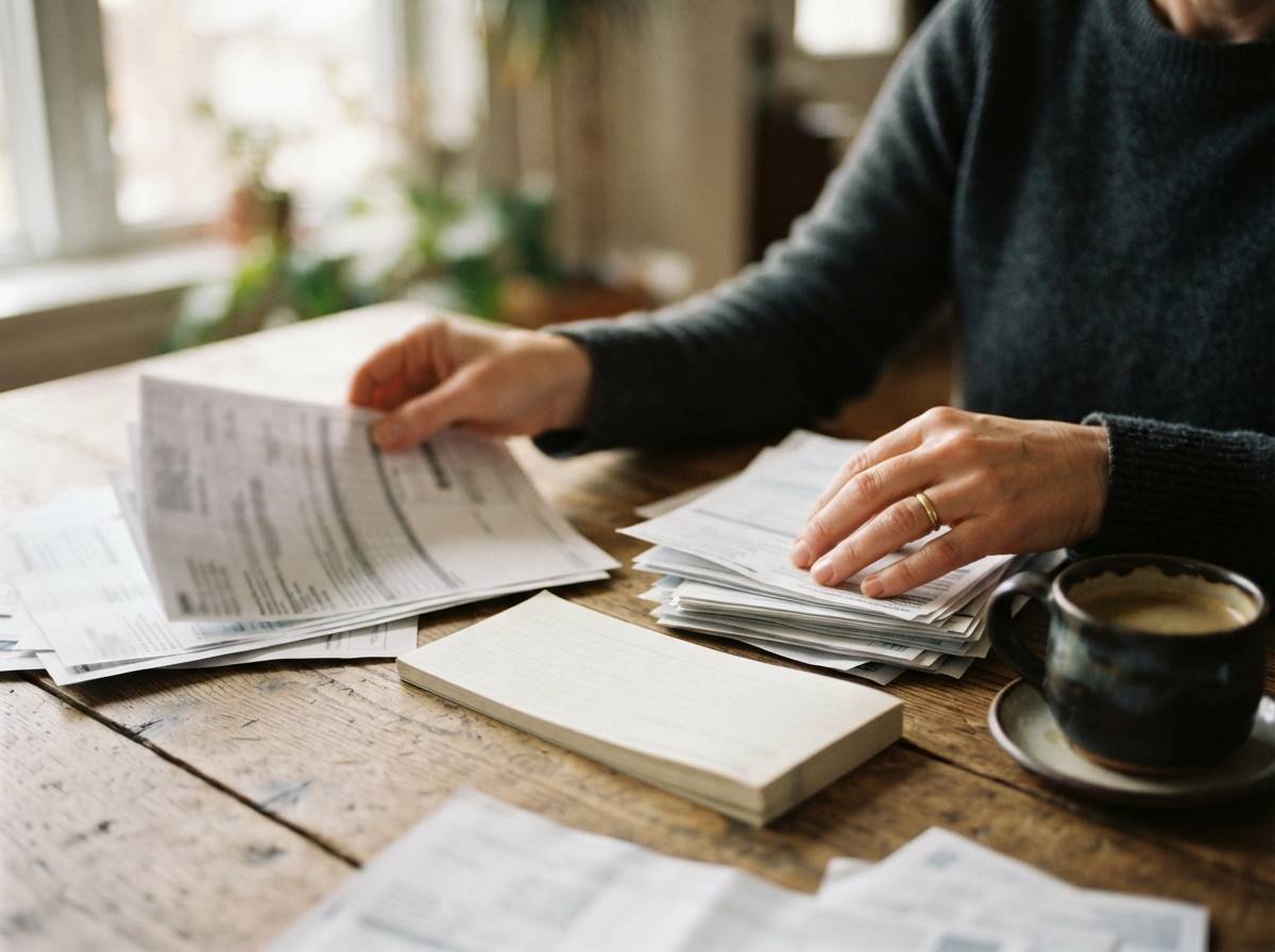 A person's hands organizing financial documents and a checkbook on a desk.
