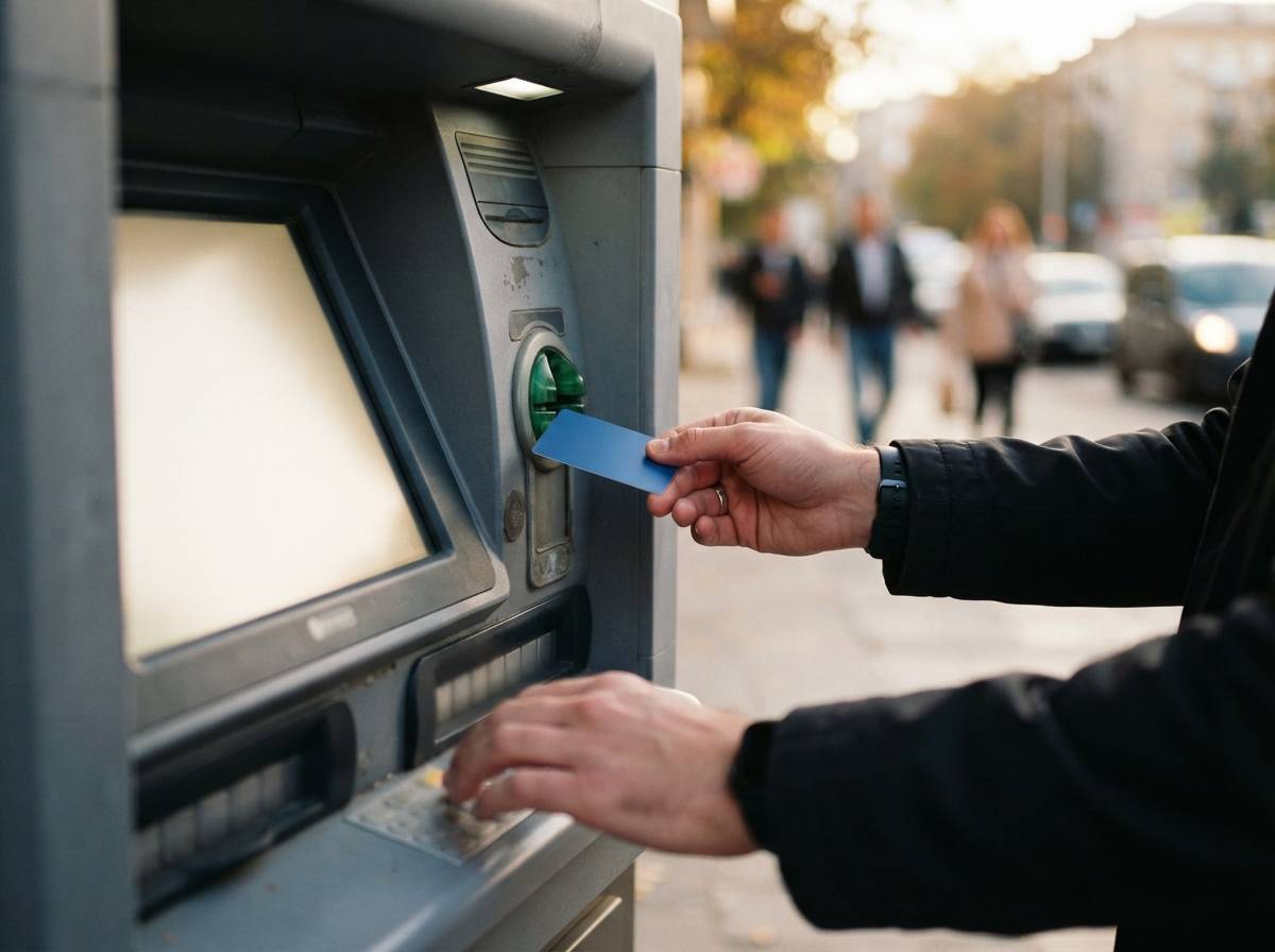 A person withdrawing cash from an outdoor bank ATM in late afternoon light.