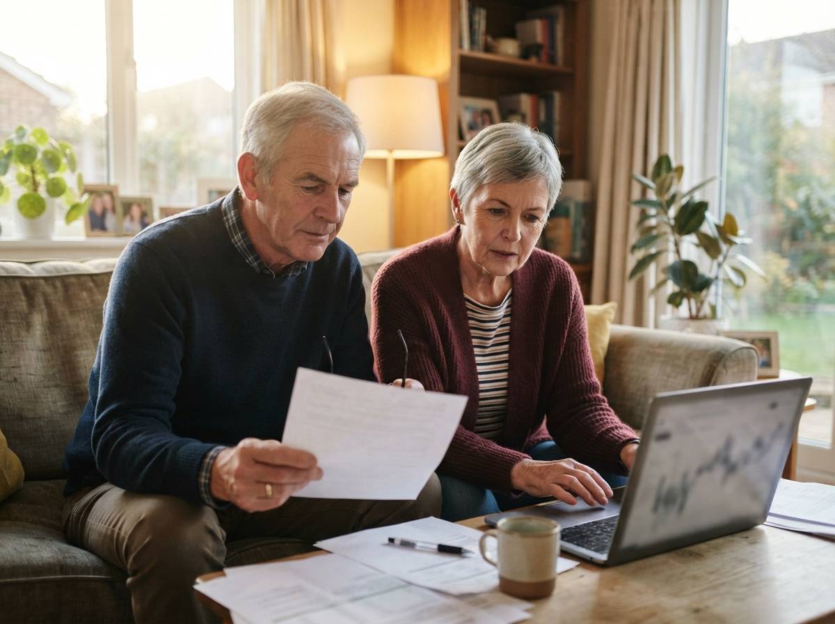 A retired couple sits on their living room couch reviewing financial documents together.