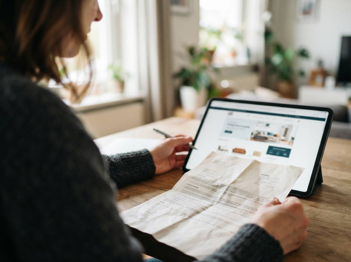 A shopper compares a printed warranty document with an online product page on a tablet.