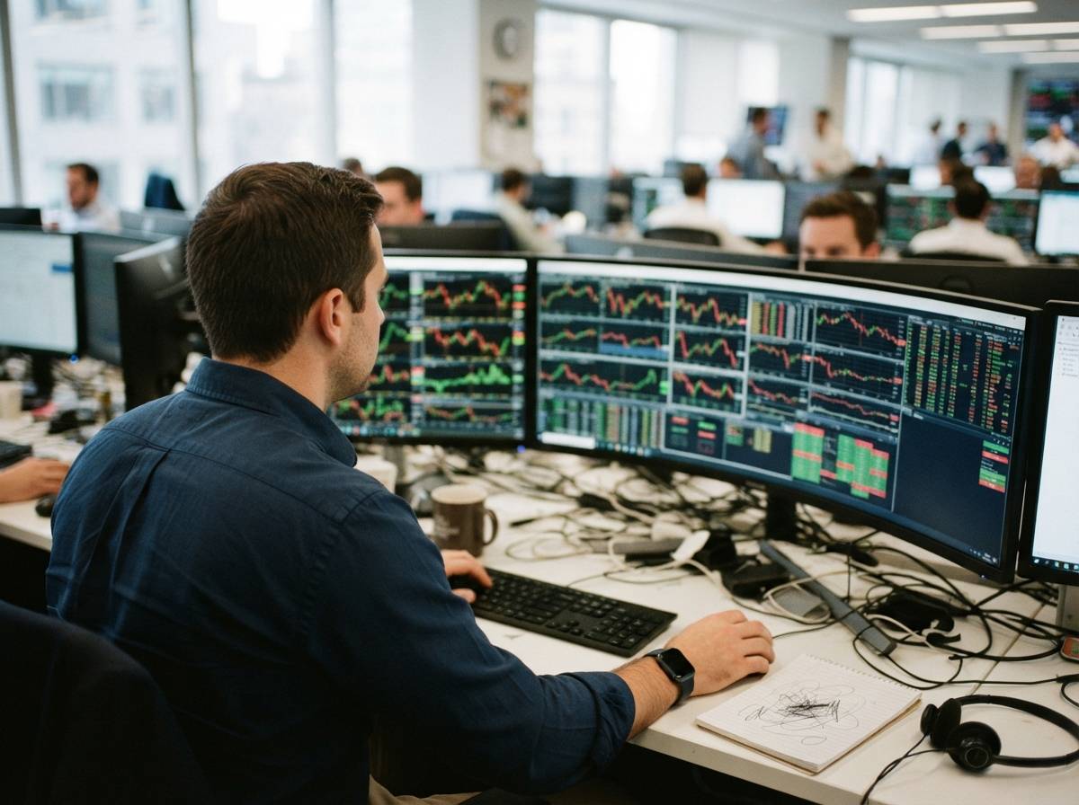 A trader reviews multiple stock ticker screens at a brokerage desk.