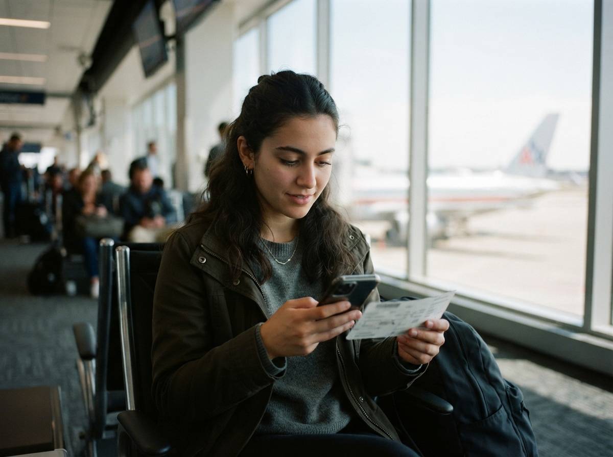 A traveler checks their phone near an airport gate with an American Airlines plane visible outside.