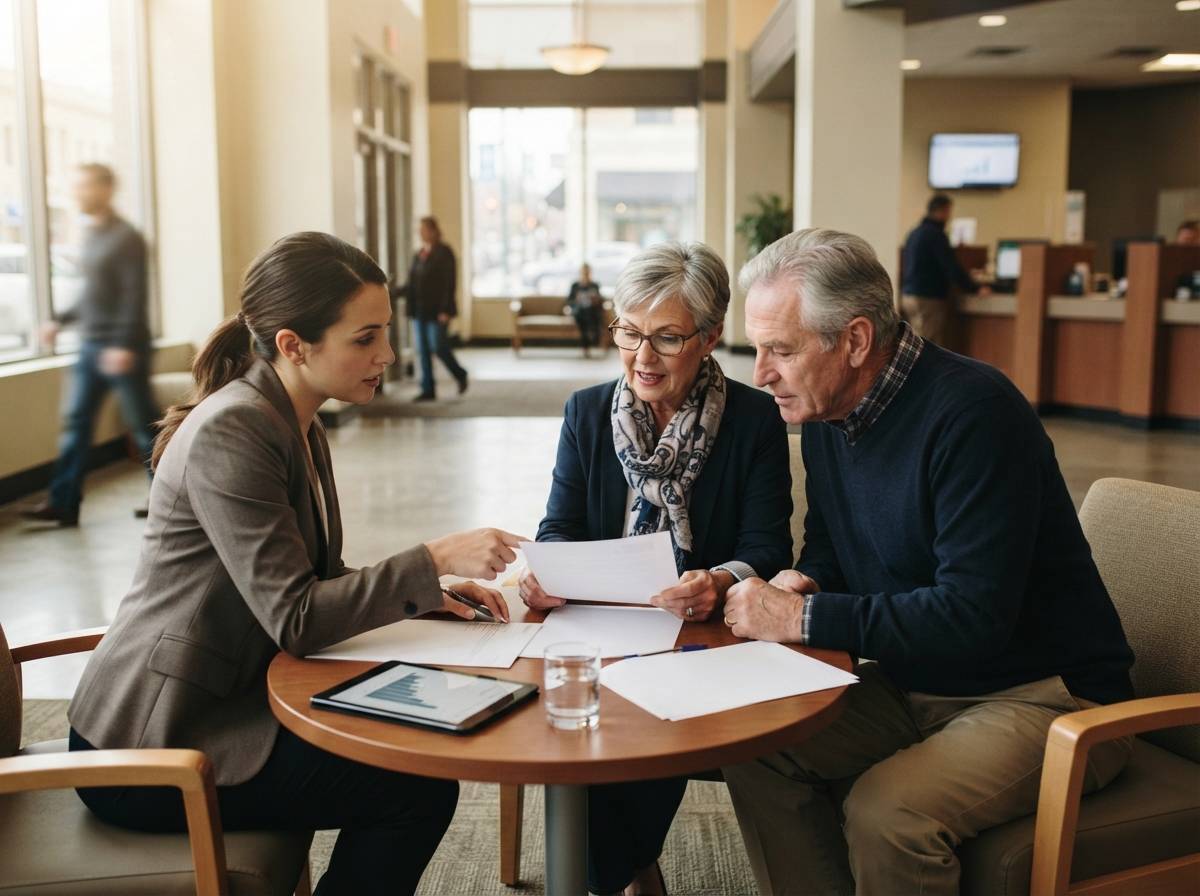 An elderly couple discusses certificate of deposit options with a banker in a bank lobby.