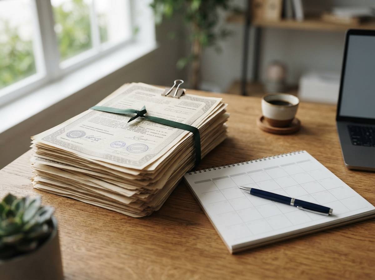 Bond and loan documents with a calendar and pen on an office table.