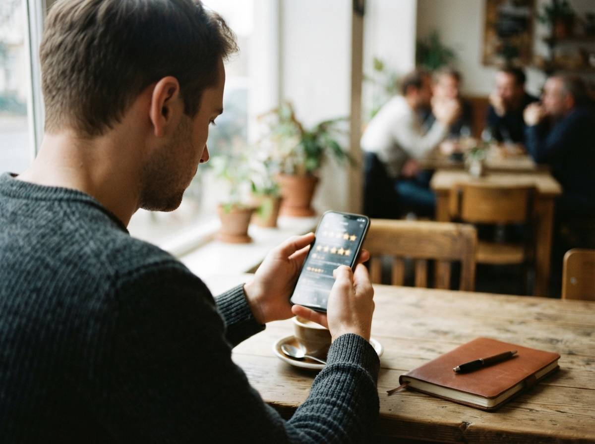 Close up of a person's hands holding a phone showing a list of star ratings and reviews at a coffee shop table.