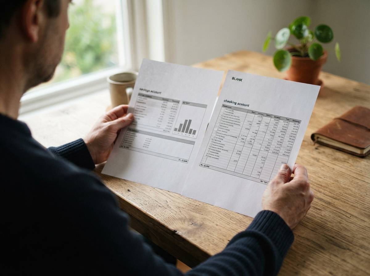 Close up of hands comparing two bank statements side by side on a desk.