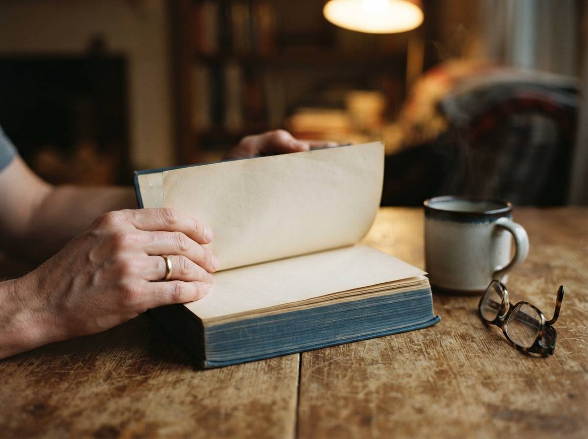 Close up of hands holding an open book beside coffee and reading glasses on a table.