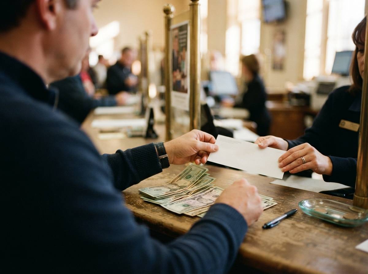Close up of hands placing cash and a deposit slip on a bank counter.