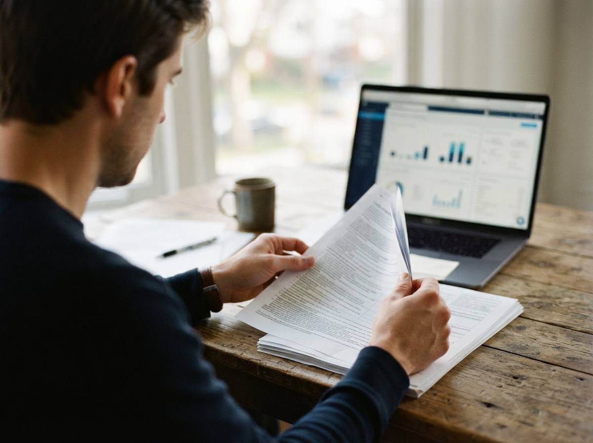 Close up of hands reviewing loan disclosure paperwork with a laptop showing account details in the background.